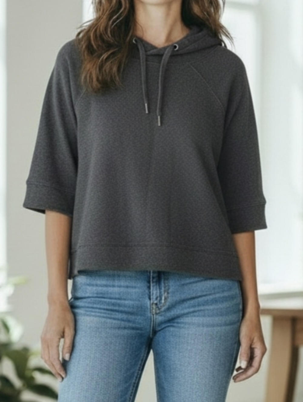 PACT 100% Organic Cotton Dark Grey/Black Pullover Hoodie 3/4 Sleeve Sweatshirt